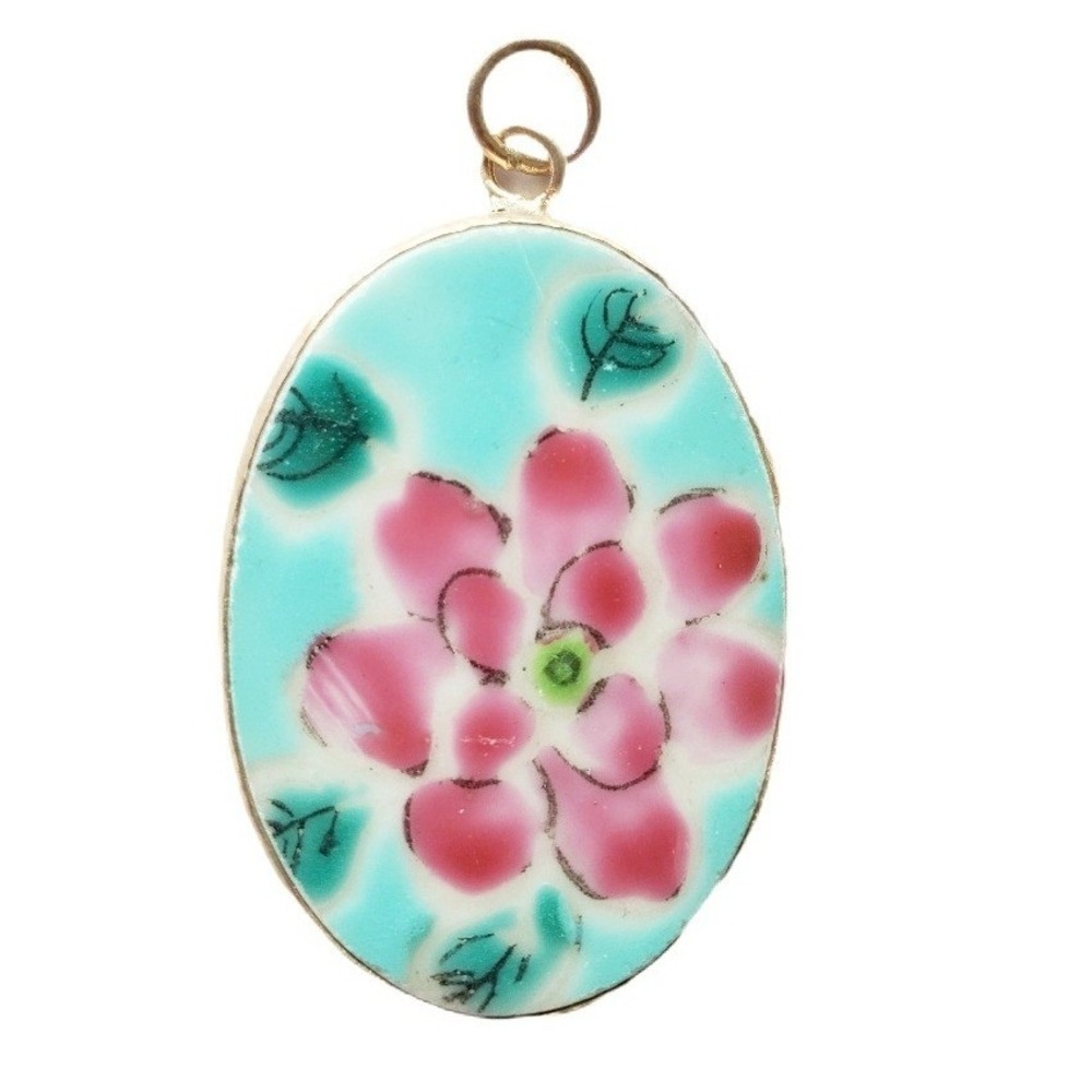 Vintage Oval Floral Pottery Shard Pendant Pink Flower Turquoise Porcelain Focal
